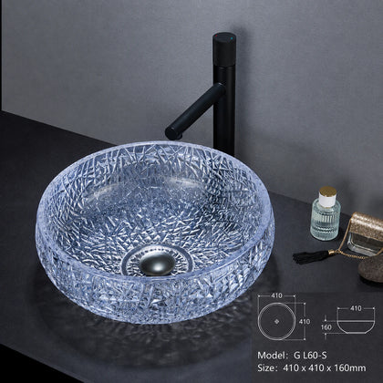 Sapphire blue faceted glass vessel sink with black faucet, round 410mm bowl