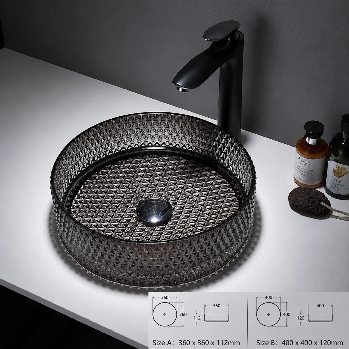 Smoke black faceted glass vessel sink with black faucet, round 360mm diamond-cut bowl