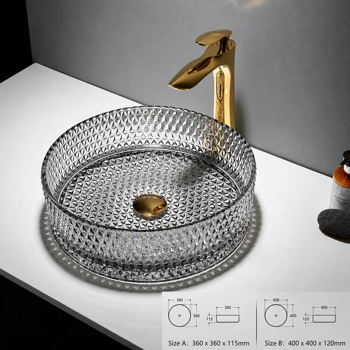 Smoke grey faceted glass vessel sink with gold faucet, round 360mm diamond-cut bowl