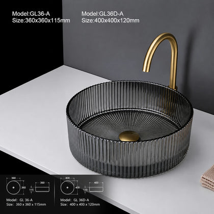 Smoke grey fluted glass vessel sink with gold faucet, round 360mm bowl