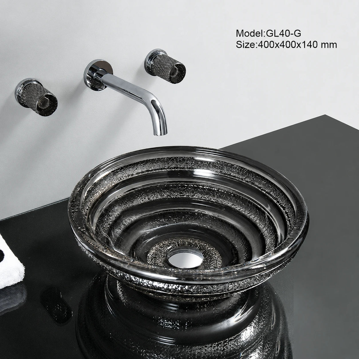 Smoke grey spiral-ridged glass vessel sink with chrome faucet, round 400mm bowl
