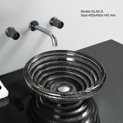 Smoke grey spiral-ridged glass vessel sink with chrome faucet, round 400mm bowl