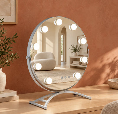 Round Hollywood Bulb LED Makeup Mirror — full product view; HZ