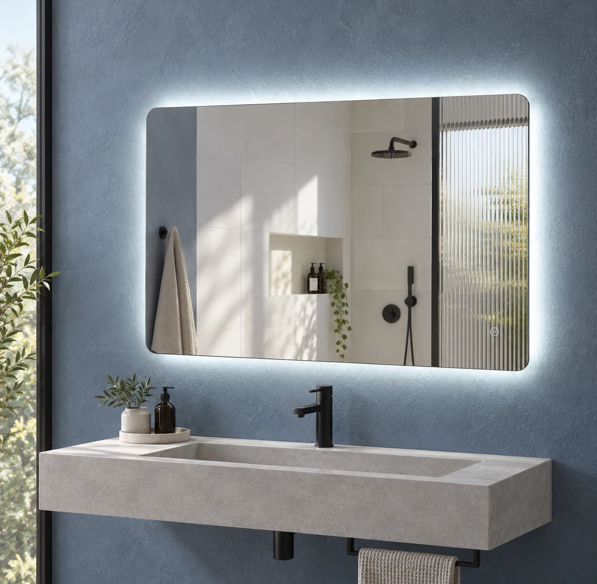 Rounded Corner Halo LED Bathroom Mirror — full product view; KS-1005