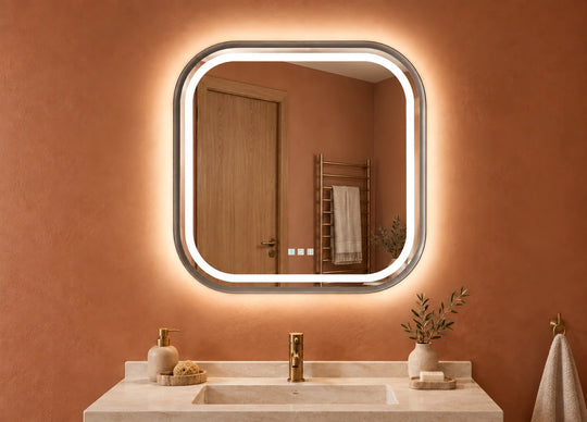 Rounded Square LED Bathroom Mirror — catalog detail view; KS-009-1001