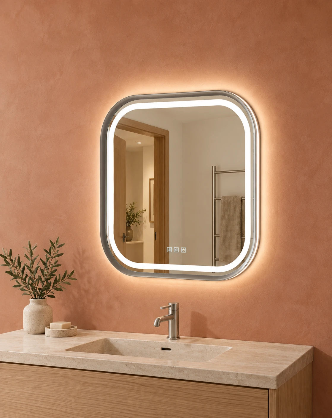 Rounded Square LED Bathroom Mirror — full product view; KS-009-1001