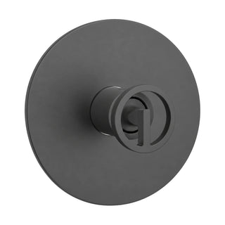 Gun metal grey round shower valve trim with industrial wheel handle, shown with rough-in valve body — SANIKB SP088 21 45 1