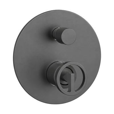 Gun metal grey round shower valve trim with wheel mixer handle and diverter knob, shown with rough-in body — SANIKB SP088 22 45 1