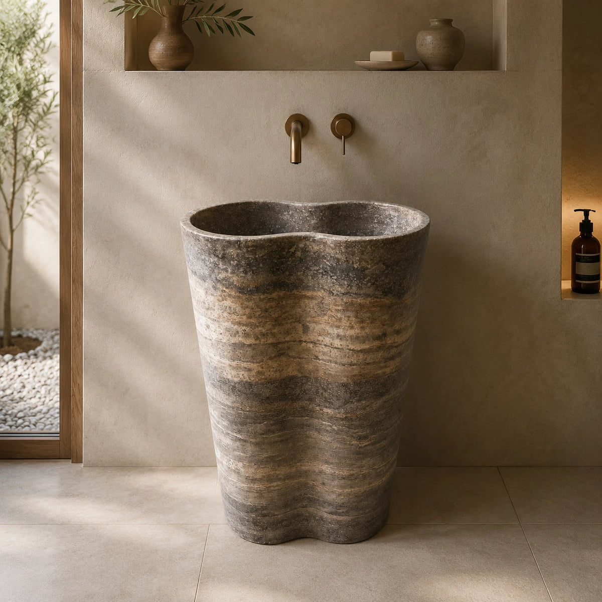 Silver Grey Travertine Hand-Carved Pedestal Basin