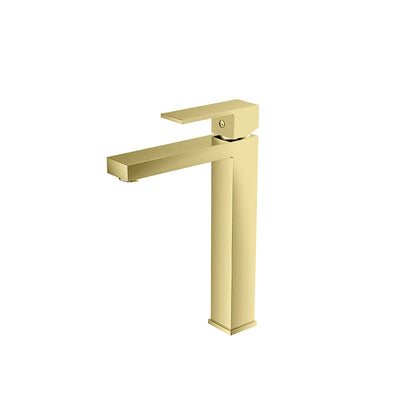 Brushed gold single-hole vessel basin faucet, brass, tall square riser for above-counter sinks — SANIKB FYF-01028.