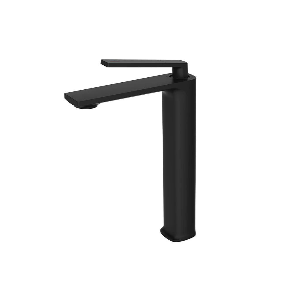 Matte black tall vessel single-hole bathroom faucet, brass, high-rise body for counter-top basins — SANIKB FYF-01036.