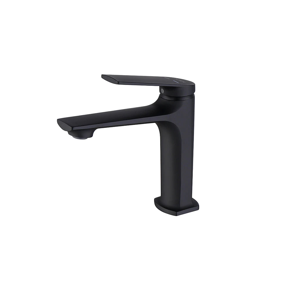 Matte black single-hole bathroom basin faucet, brass, standard height with angular spout — SANIKB FYF-01059.
