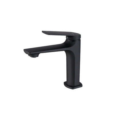Matte black single-hole bathroom basin faucet, brass, standard height with angular spout — SANIKB FYF-01059.