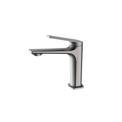 Brushed nickel single-hole bathroom basin faucet, brass, short body, sculpted lever — SANIKB FYF-01059.