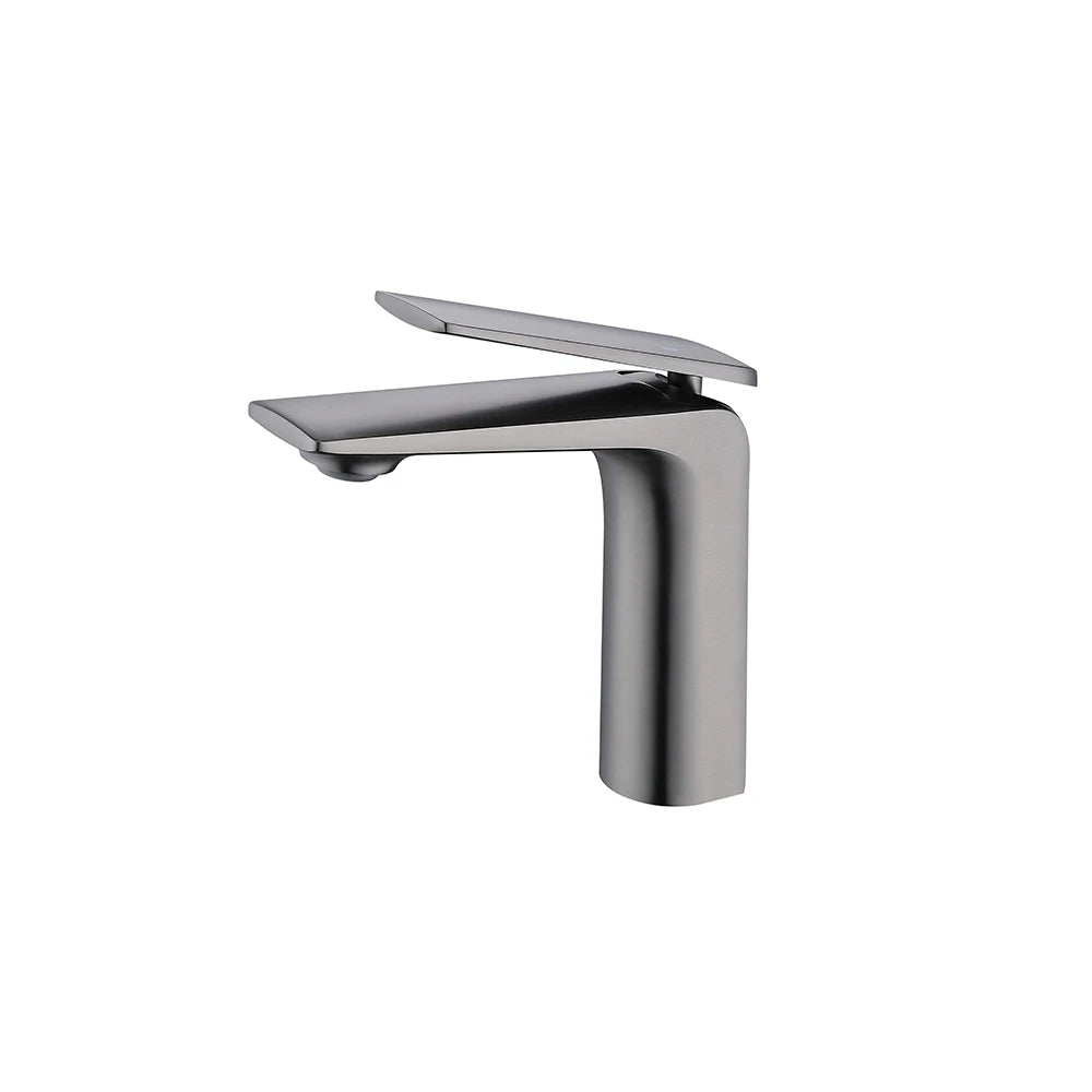 Gunmetal grey single-hole bathroom basin faucet, brass, flat winged lever handle — SANIKB FYF-01647