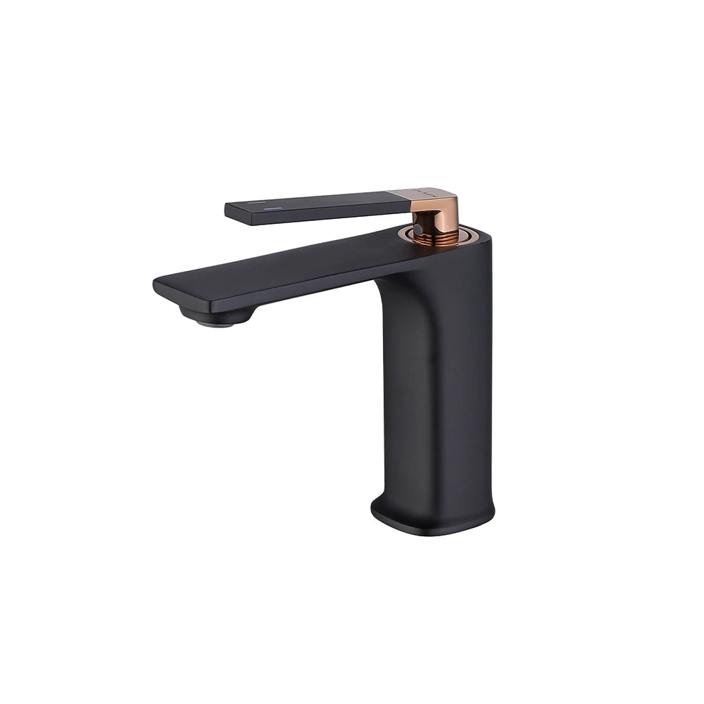 Matte black single-hole bathroom faucet with rose-gold accent handle, brass, standard height — SANIKB FYF-01036.