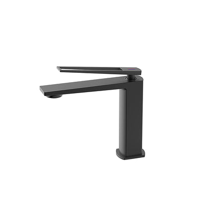 Matte black single-hole bathroom basin faucet, brass body, open-slot lever with temperature indicator — SANIKB FYF-01050