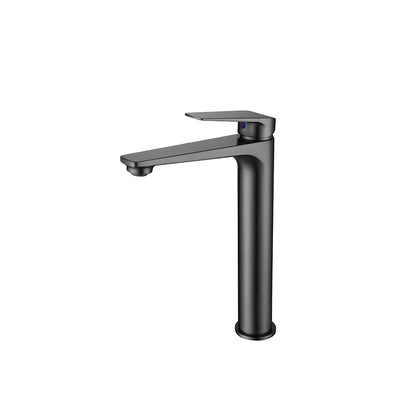 Gunmetal grey tall vessel basin faucet, single hole, brass body, squared lever — SANIKB FYF-01001.