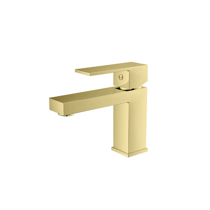 Brushed gold single-hole bathroom basin faucet, brass, squared body with flat rectangular spout — SANIKB FYF-01028.