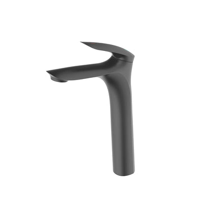 Matte black single-hole vessel basin faucet, solid brass, tall body, wave-shaped handle — SANIKB FYF-01035.
