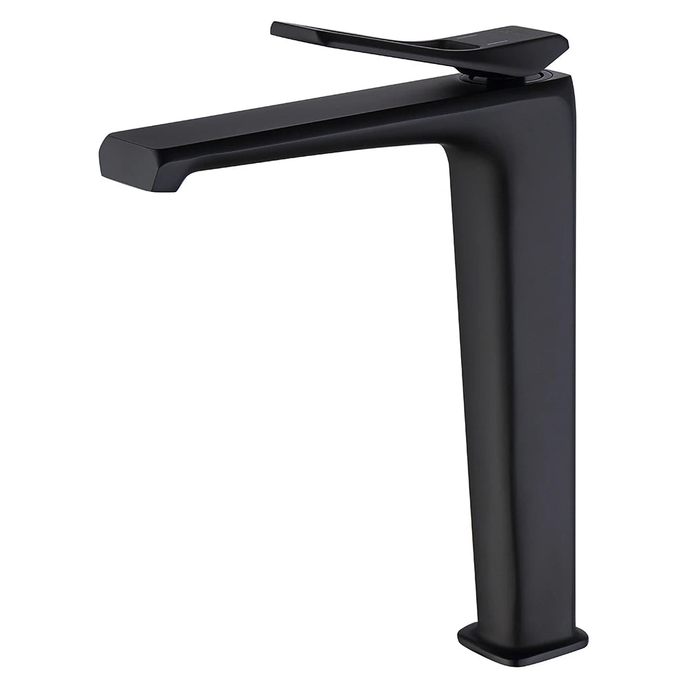 Matte black tall vessel-sink bathroom faucet, brass body, angular high spout — SANIKB FYF-01037.