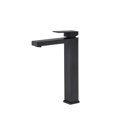 Matte black single-hole vessel basin faucet, brass, tall square body for above-counter sinks — SANIKB FYF-01028.