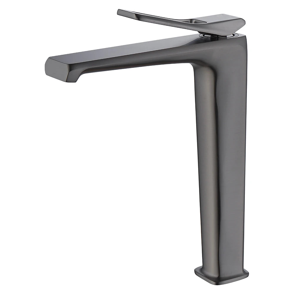 Gunmetal gray tall vessel-sink bathroom faucet, brass body, sleek high spout — SANIKB FYF-01037.