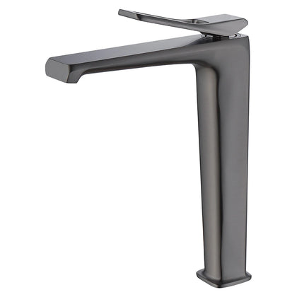 Gunmetal gray tall vessel-sink bathroom faucet, brass body, sleek high spout — SANIKB FYF-01037.