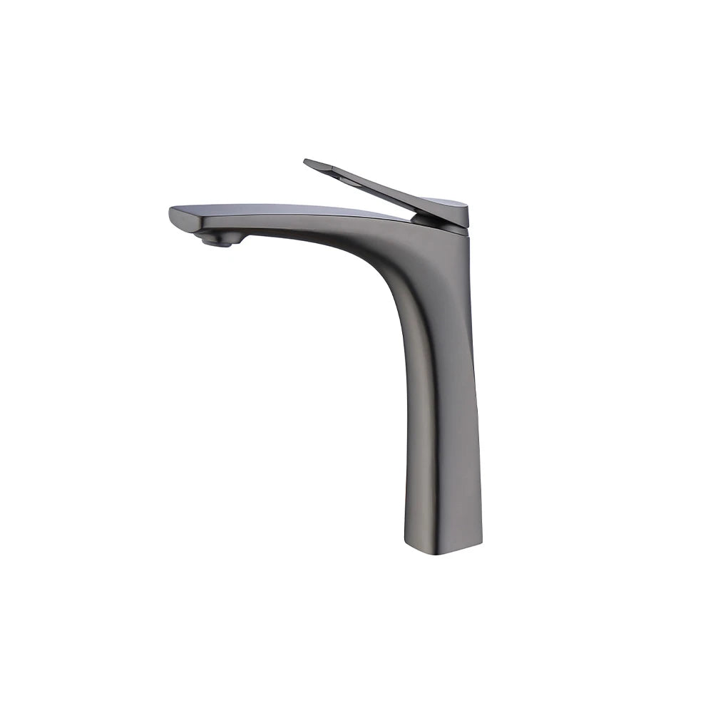 Gunmetal grey tall vessel bathroom basin faucet, brass, sweeping high-rise spout — SANIKB FYF-01056