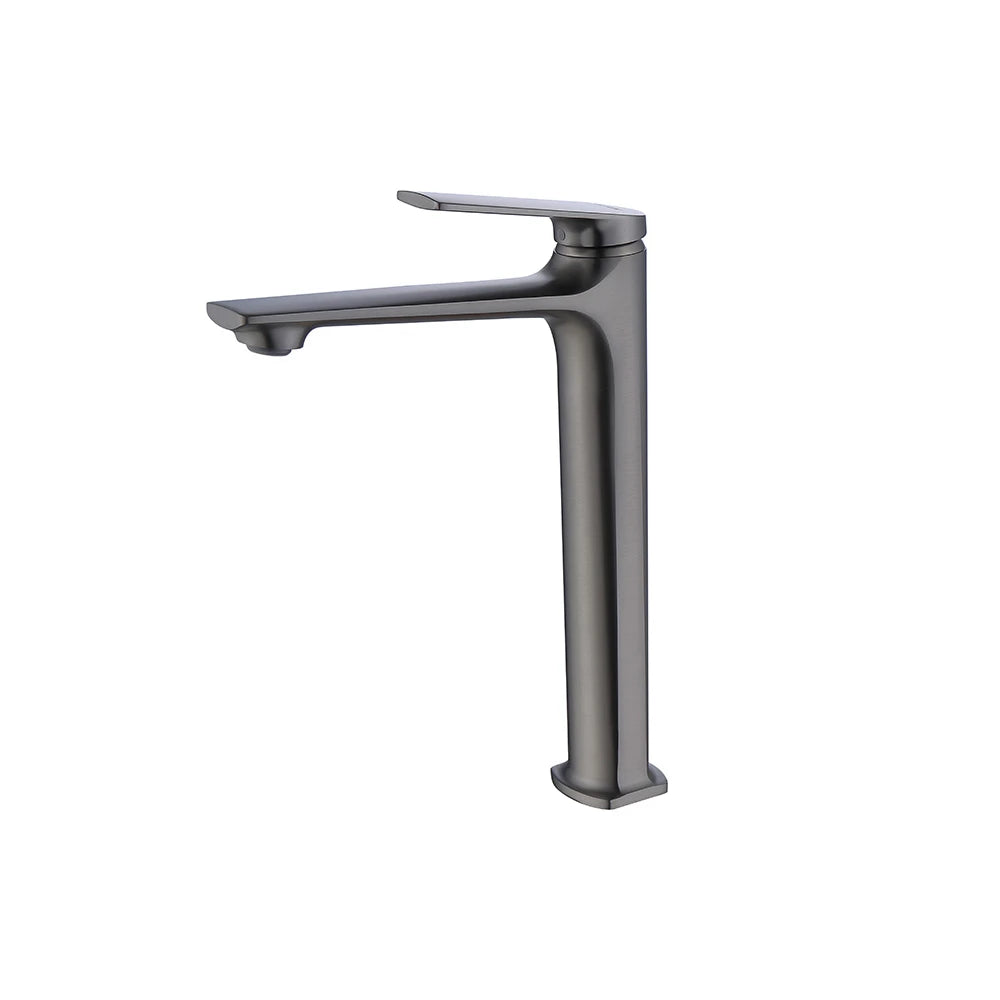 Gunmetal grey single-hole vessel basin faucet, brass, tall body, slim profile — SANIKB FYF-01059.
