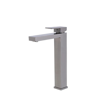 Brushed nickel single-hole vessel basin faucet, brass, tall square riser body, angular spout — SANIKB FYF-01028.