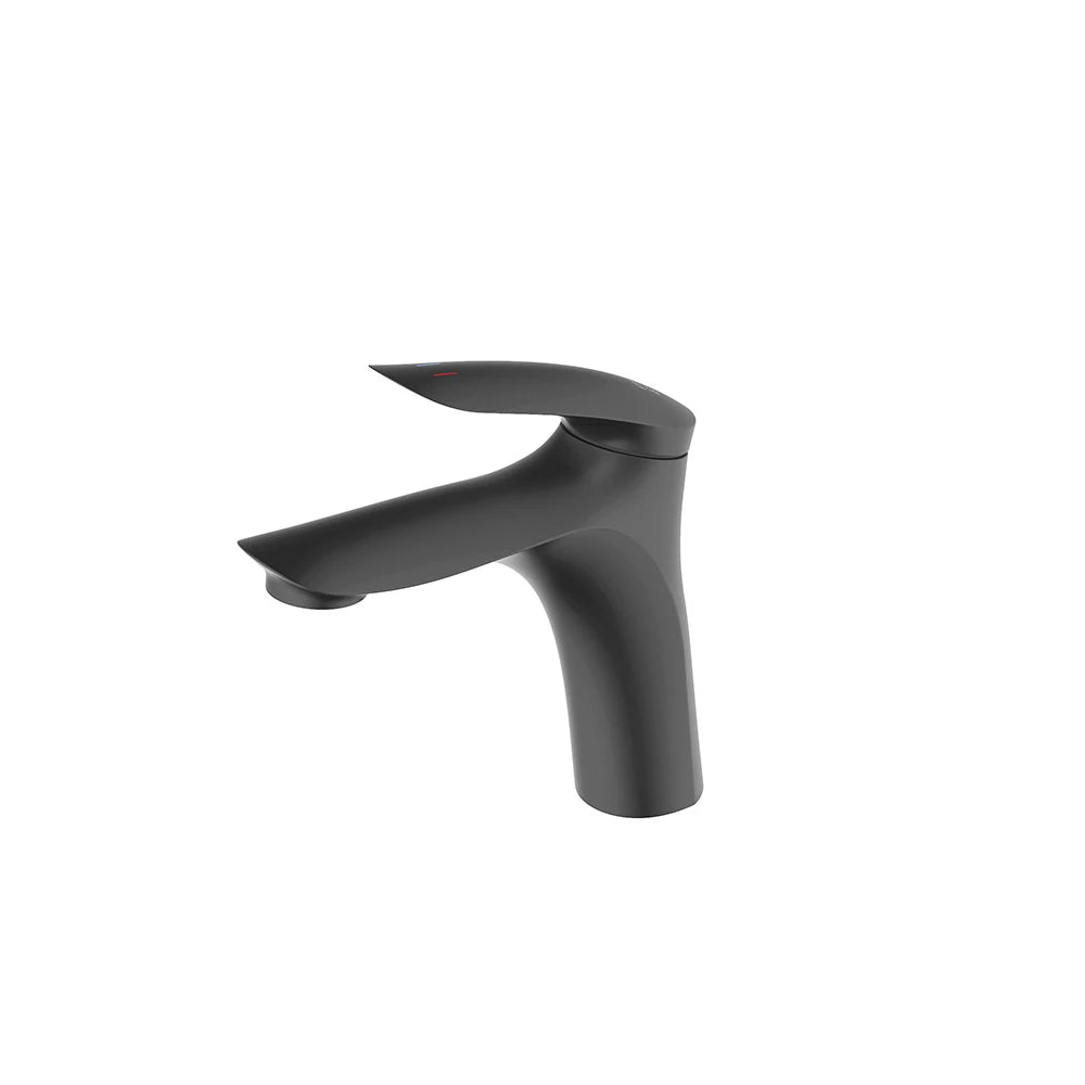 Matte black single-hole basin mixer, solid brass, standard height, curved wave lever — SANIKB FYF-01035.