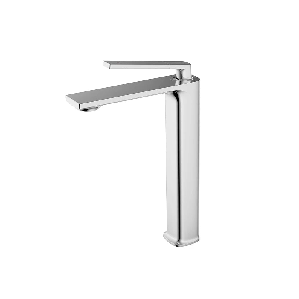 Chrome tall vessel single-hole basin faucet, solid brass, high-arc body and flat chiselled spout — SANIKB FYF-01036.
