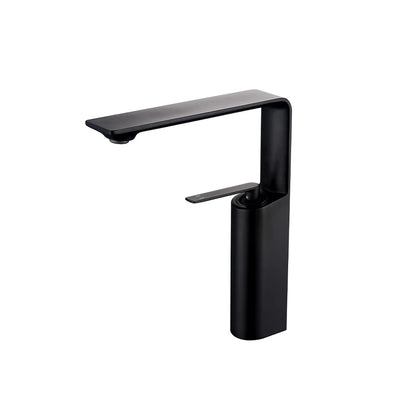 Matte black tall vessel basin faucet, brass, slim lever, high blade spout — SANIKB FYF-01674.