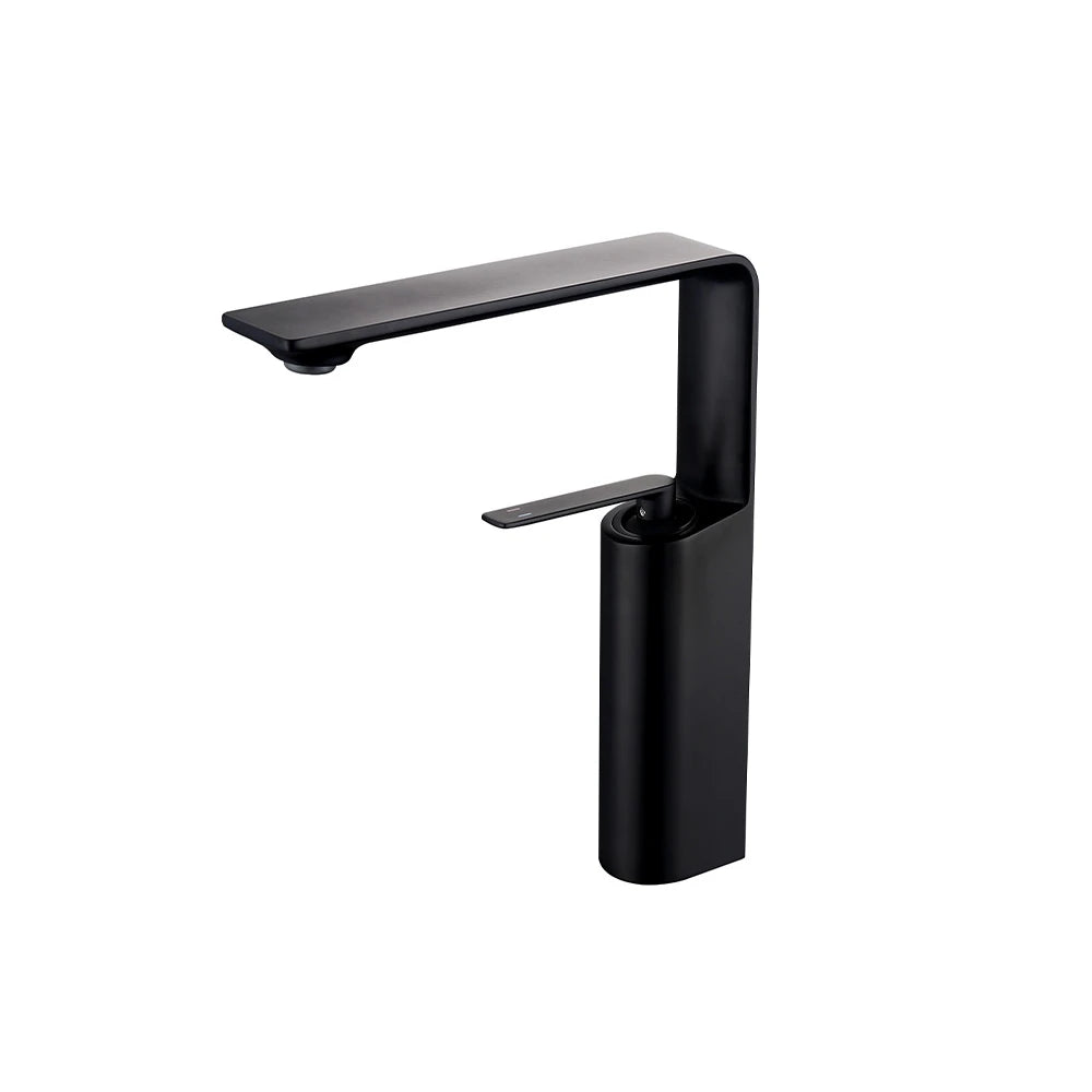 Matte black tall vessel basin faucet, brass, slim lever, high blade spout — SANIKB FYF-01674.