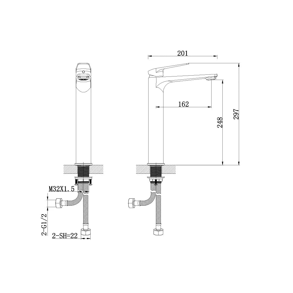Dimensioned spec drawing for SANIKB FYF-01001 single hole basin faucet, tall vessel body height variant.