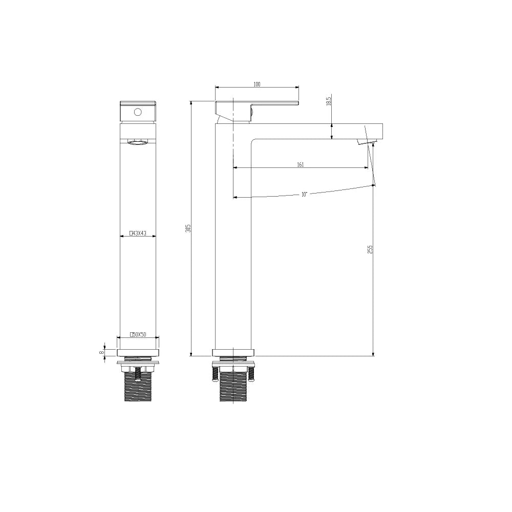 Dimensioned spec drawing for SANIKB FYF-01028 single-hole faucet, tall 305mm vessel-basin height variant.