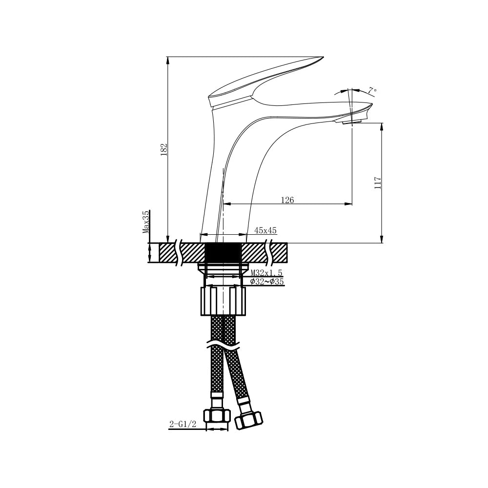 Dimensioned spec drawing for SANIKB FYF-01035 single hole bathroom faucet, standard 182mm height version.