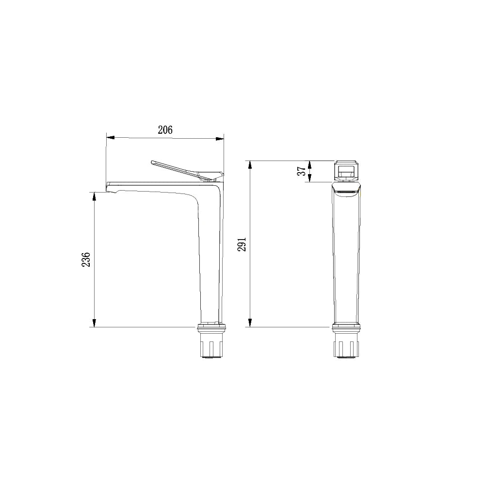 Dimensioned spec drawing for SANIKB FYF-01037 single-hole bathroom faucet, tall vessel-sink body.