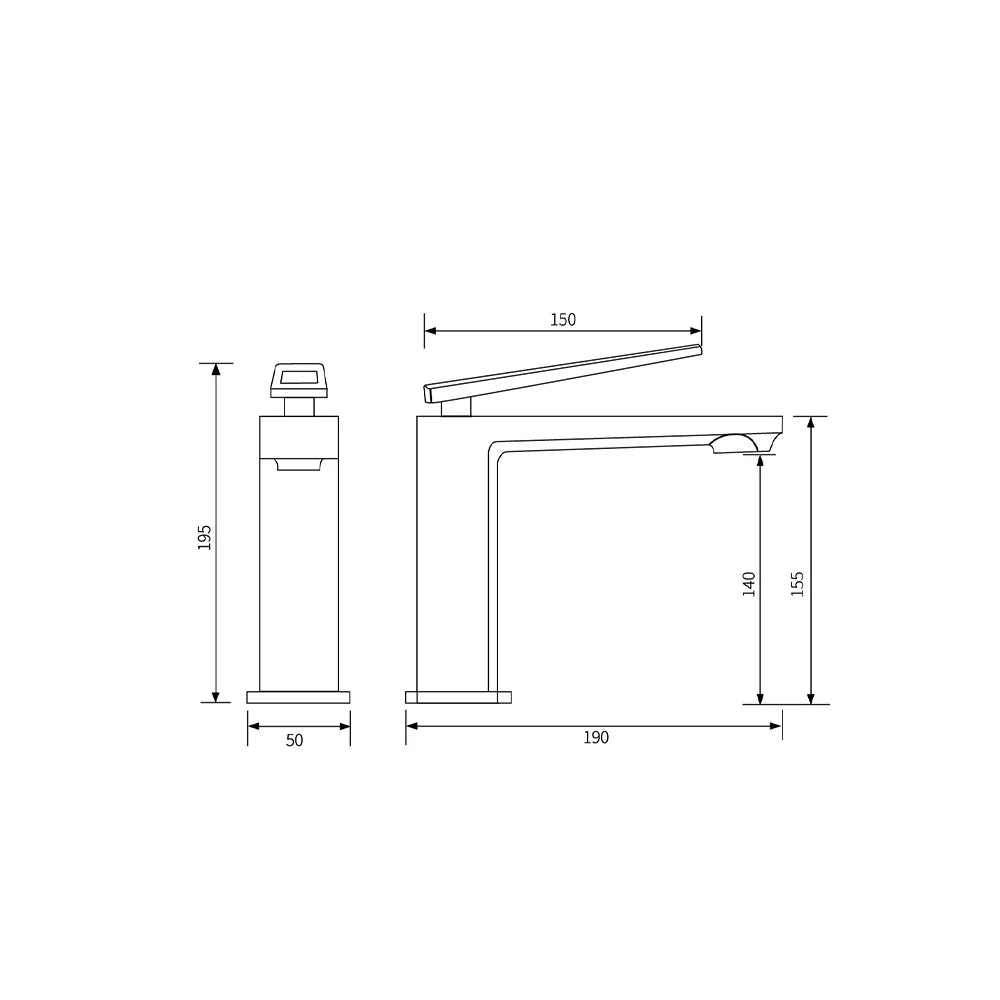Dimensioned spec drawing for SANIKB FYF-01050 single hole bathroom faucet, standard 195mm height with 150mm spout reach