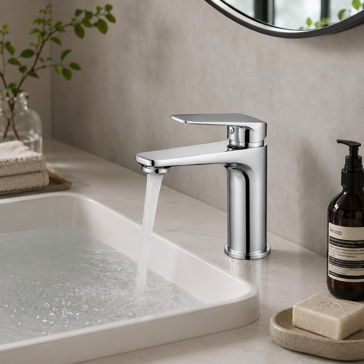 Brass single-hole bathroom basin faucet on a modern vanity scene | SANIKB OEM/ODM FYF-01001