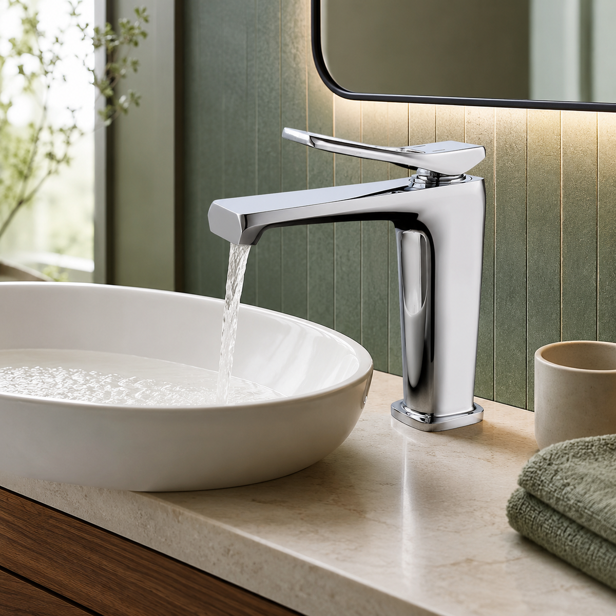Brass single-hole bathroom basin faucet on a modern vanity scene | SANIKB OEM/ODM FYF-01037