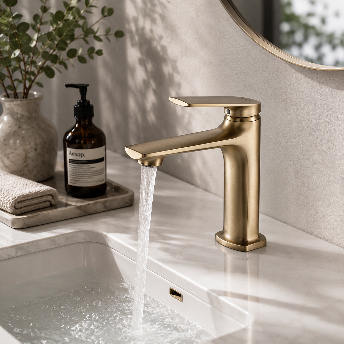 Brass single-hole bathroom basin faucet on a modern vanity scene | SANIKB OEM/ODM FYF-01059