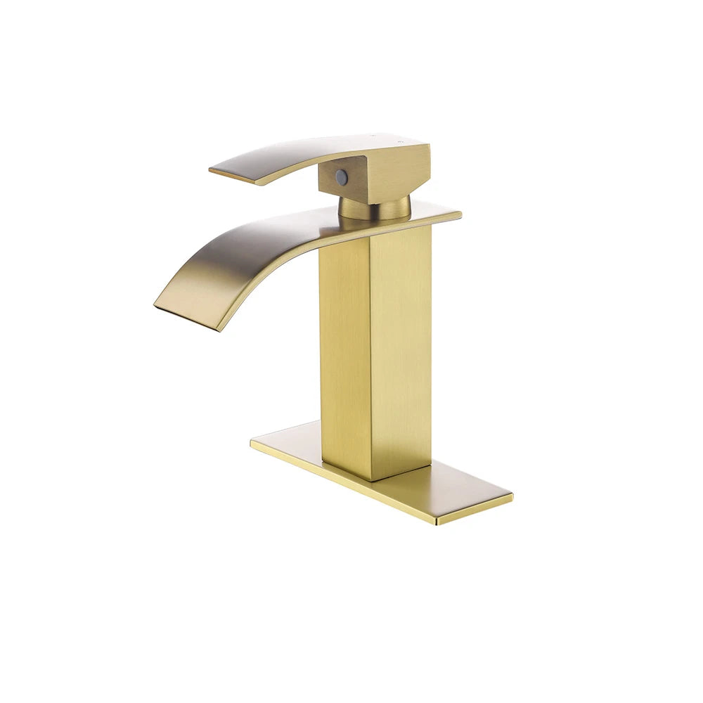 Brushed Gold single-hole bathroom basin faucet, 304 stainless steel, wide fan-shaped waterfall spout, standard height — SANIKB FYF-01063