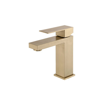 Brushed gold single-hole bathroom basin faucet, stainless steel, square angular body, standard height — SANIKB FYF-01075.