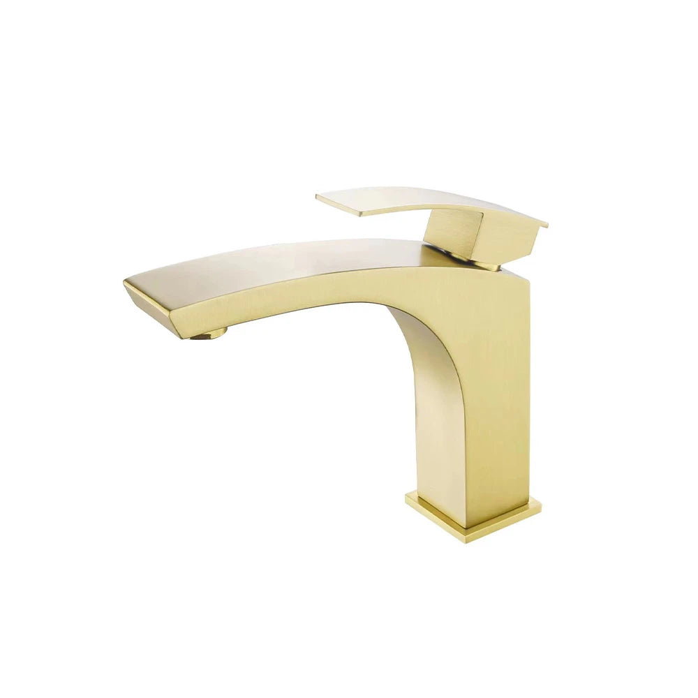 Brushed Gold single-hole bathroom basin faucet, 304 stainless steel, curved wave spout on a square tapered body — SANIKB FYF-01076