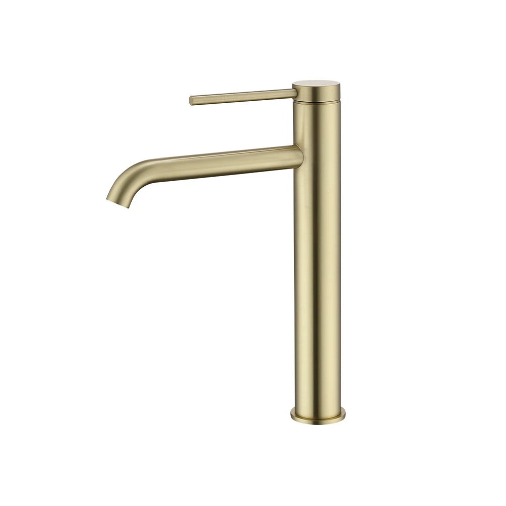 Brushed gold tall vessel basin faucet, single hole, stainless steel, round cylindrical body — SANIKB FYF-01079.