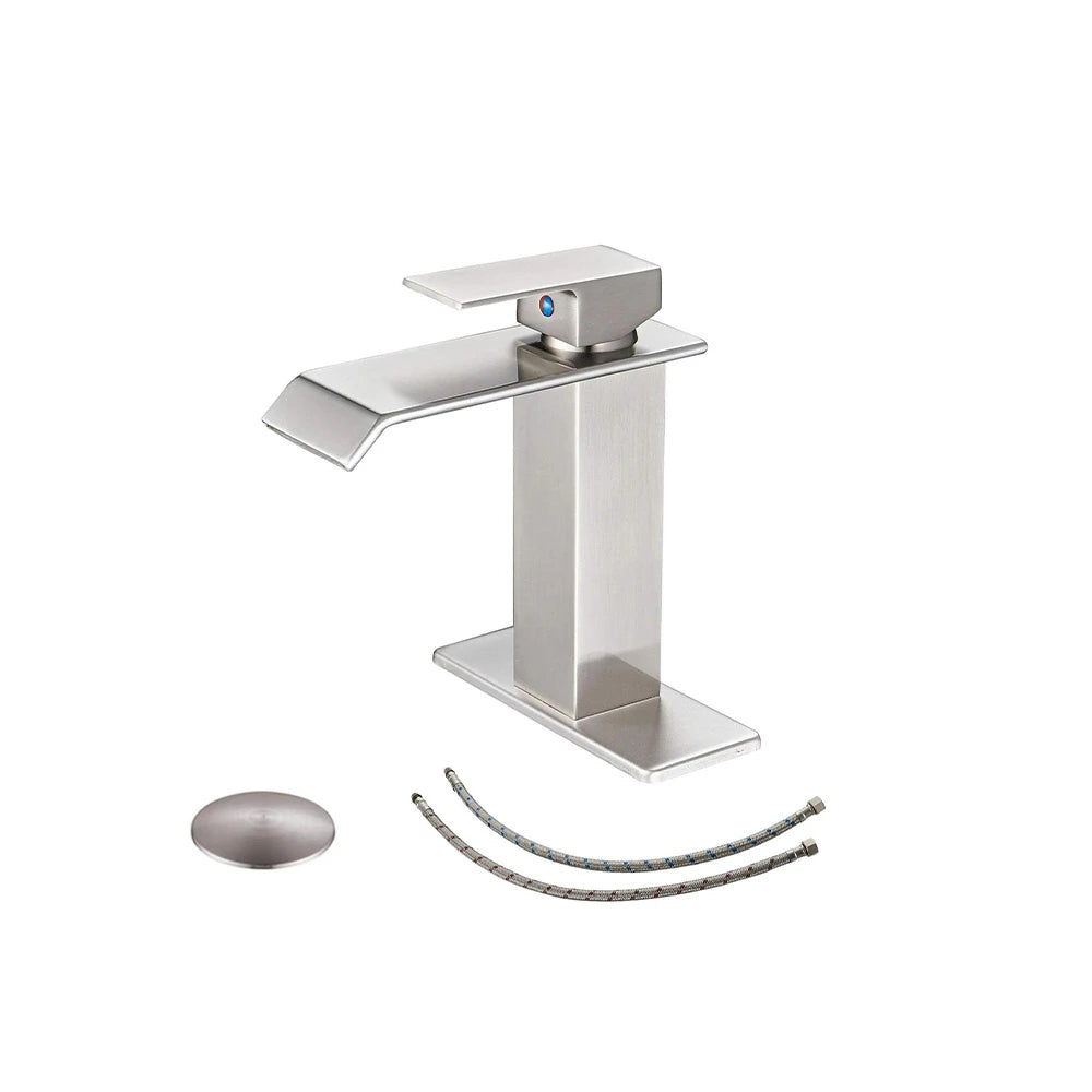 Brushed Nickel single-hole bathroom basin faucet, 304 stainless steel, wide square waterfall spout, standard height — SANIKB FYF-01066