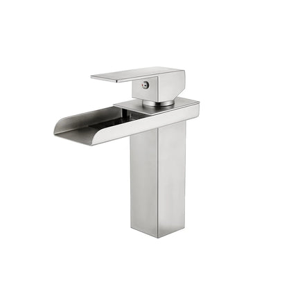 Brushed Nickel single-hole bathroom basin faucet, 304 stainless steel, square open waterfall spout, standard height — SANIKB FYF-01061