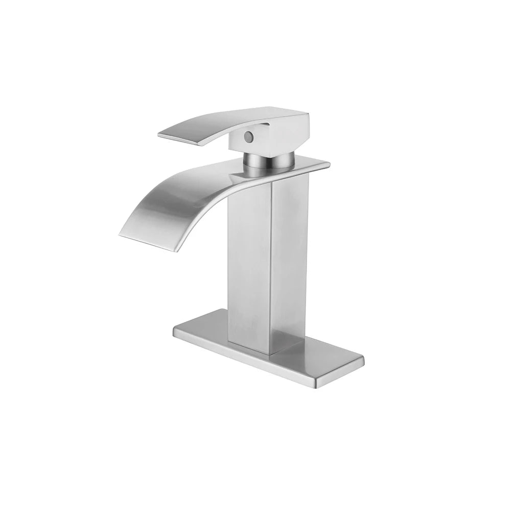 Brushed Nickel single-hole bathroom basin faucet, 304 stainless steel, wide fan-shaped waterfall spout, standard height — SANIKB FYF-01063
